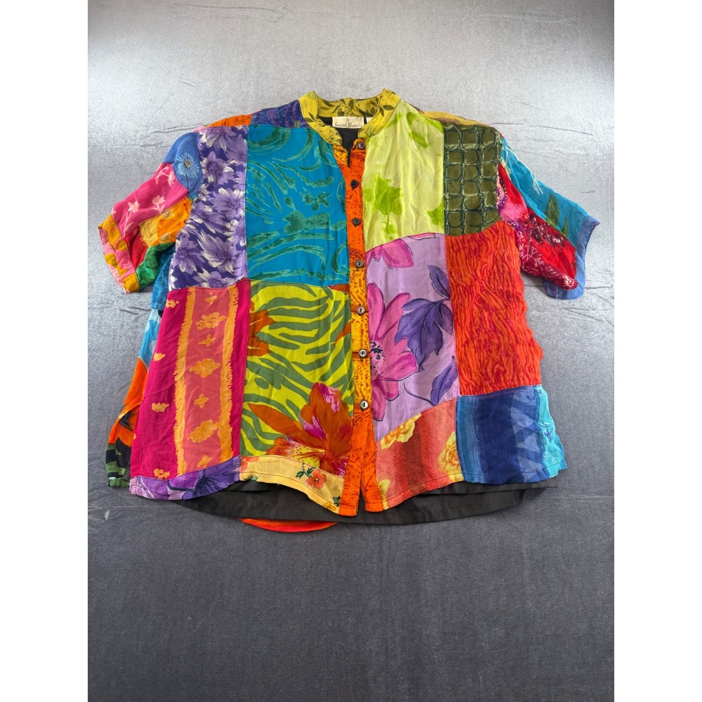 Sacred Threads Womens L Patchwork Rayon Button Down Shirt Floral Boho Mandarin
